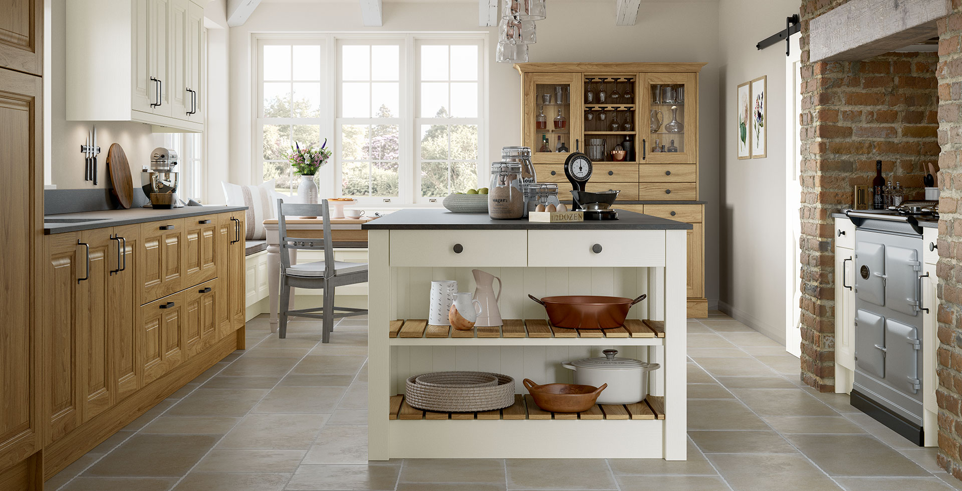 Ivory and Light Oak Solid Wood Kitchen 1