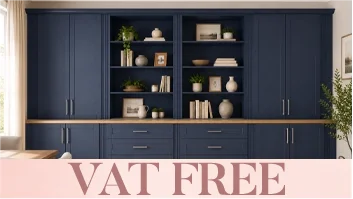 Navy blue fitted cabinetry with open shelving and VAT free banner