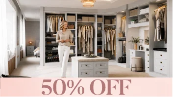 Woman in elegant walk-in wardrobe beside 50% off banner