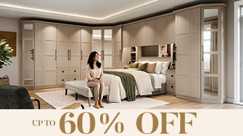 Modern bedroom with woman and 60% off sale