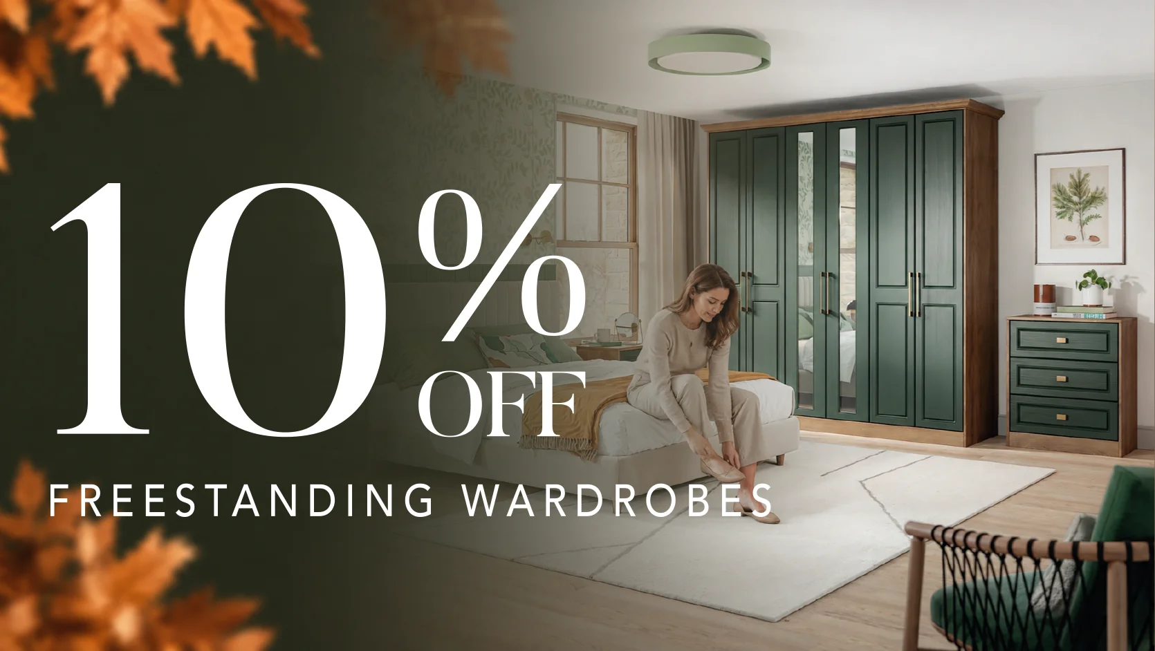 Green freestanding wardrobe in a stylish bedroom with promotion