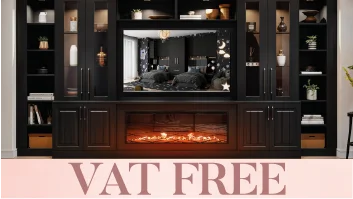 Dark fitted media wall with fireplace and VAT-free offer