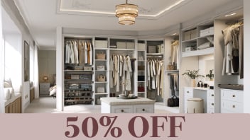 Luxury walk-in wardrobe with 50% off banner