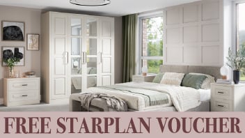 Bright bedroom interior with free Starplan voucher text