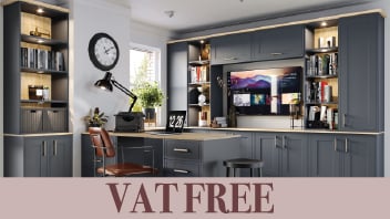 Modern grey home office with built-in storage