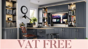 Dark grey home office with VAT FREE banner
