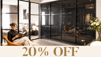 Modern glass office interior with 20% off text