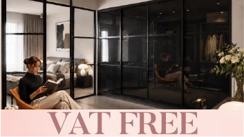 Woman relaxing in modern glass-partitioned apartment, VAT FREE banner