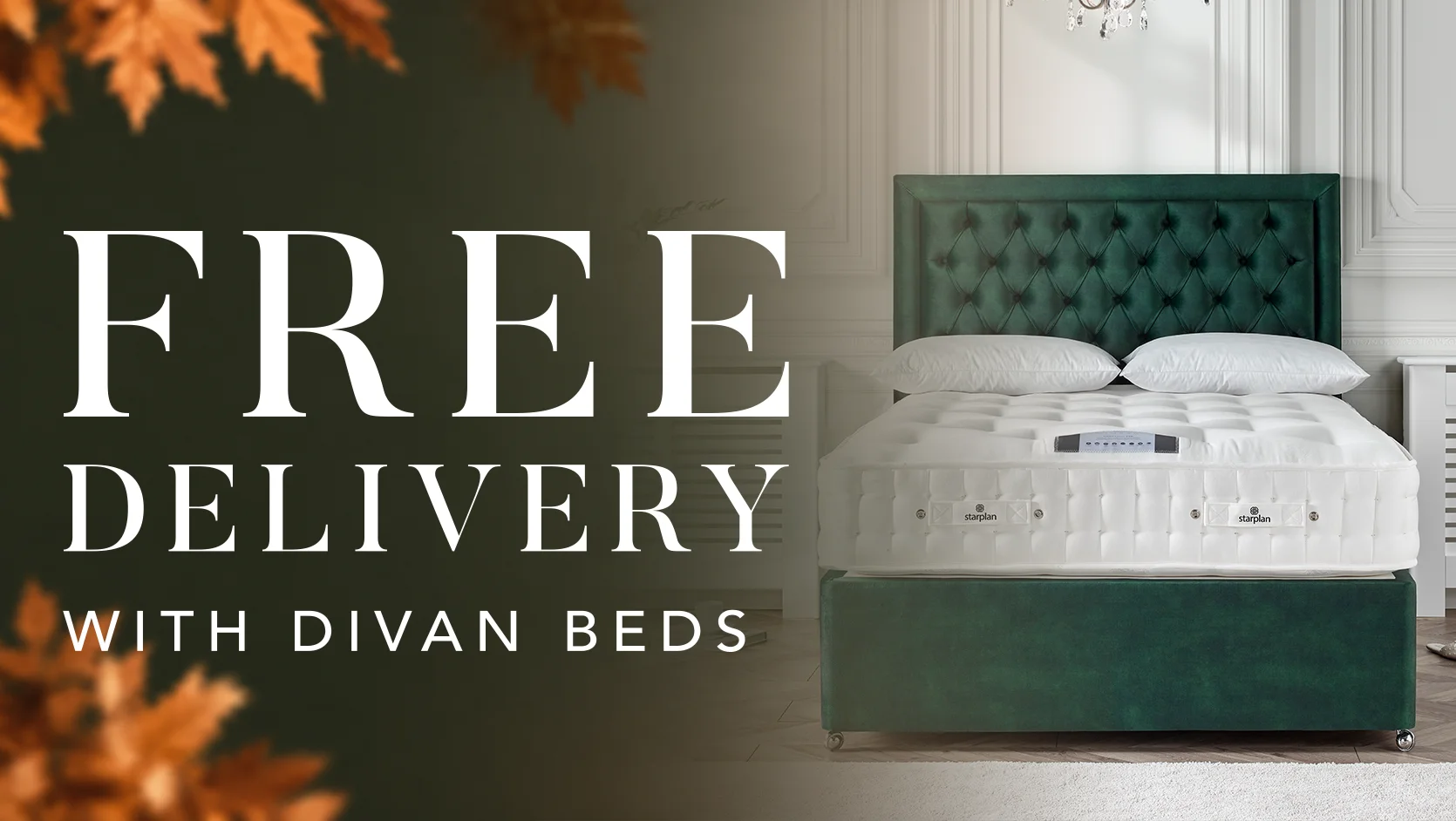 Green velvet divan bed advertised with free delivery