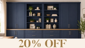 Navy blue built-in cabinets with 20% off text