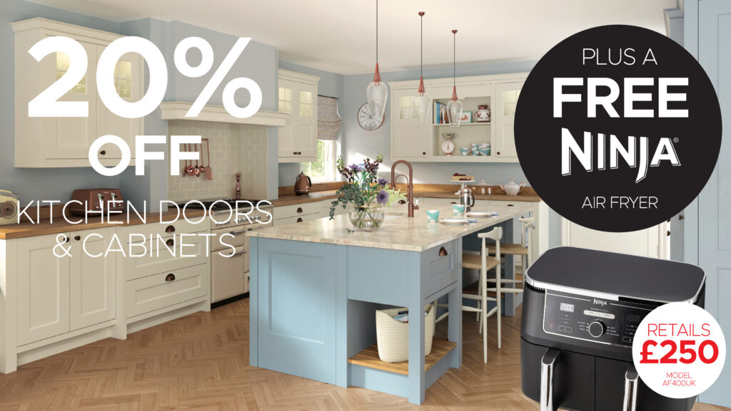 Starplans kitchen sale promotion, 20% off on kitchen doors and cabinets plus a free ninja air fryer