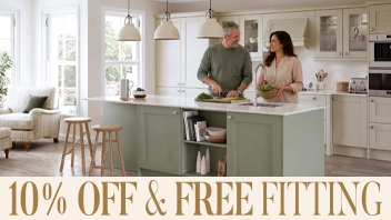 Couple in modern kitchen with discount offer text