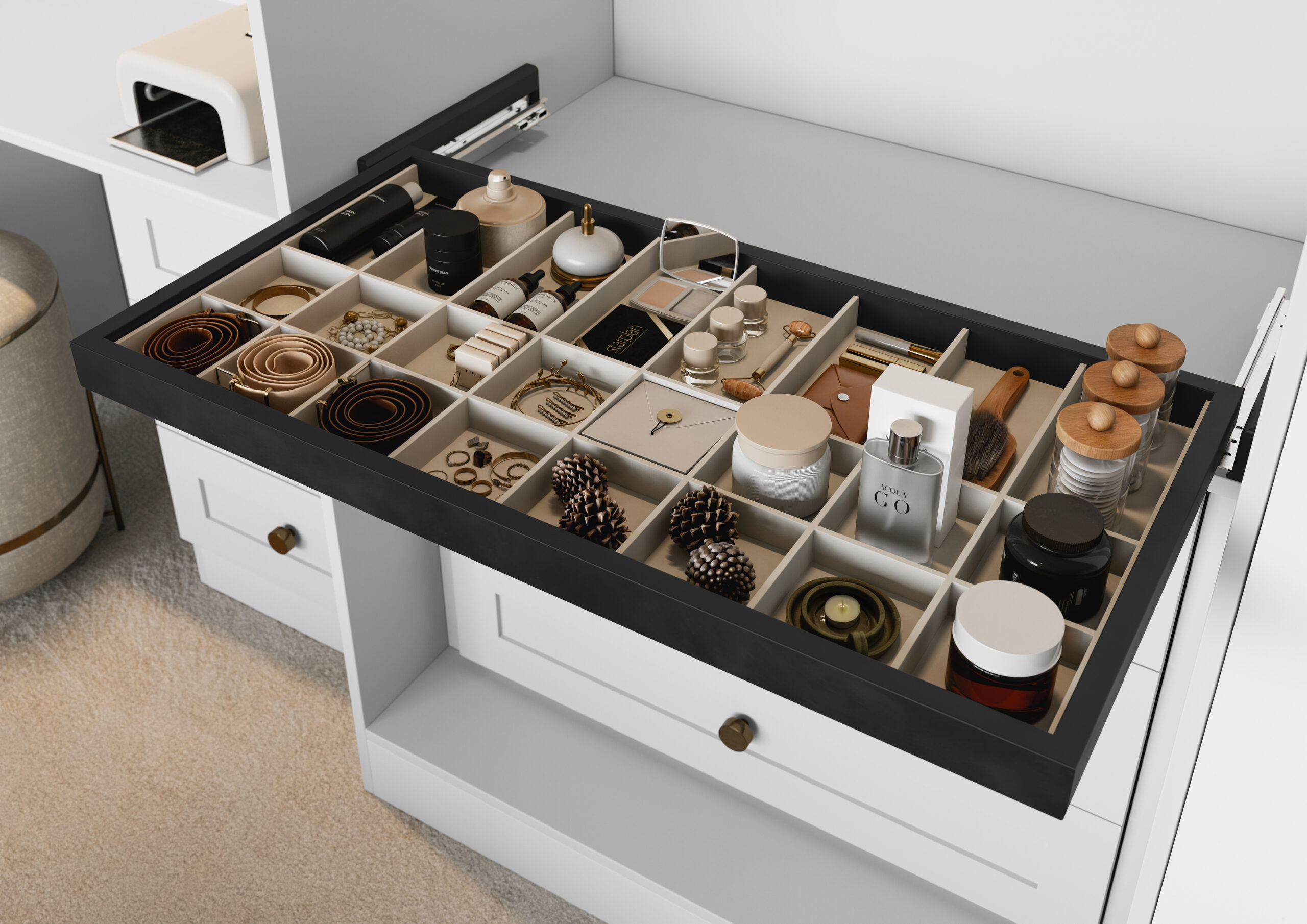 Organised vanity drawer with cosmetics and accessories