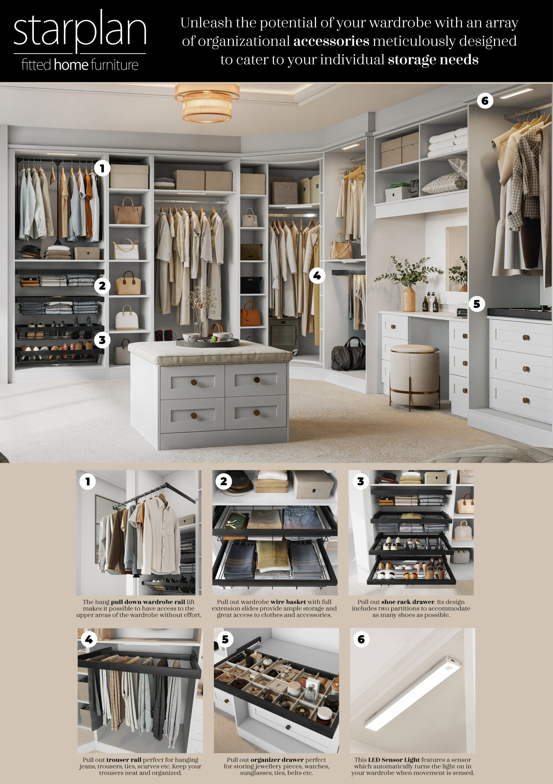 Modern fitted wardrobe with organised storage accessories.