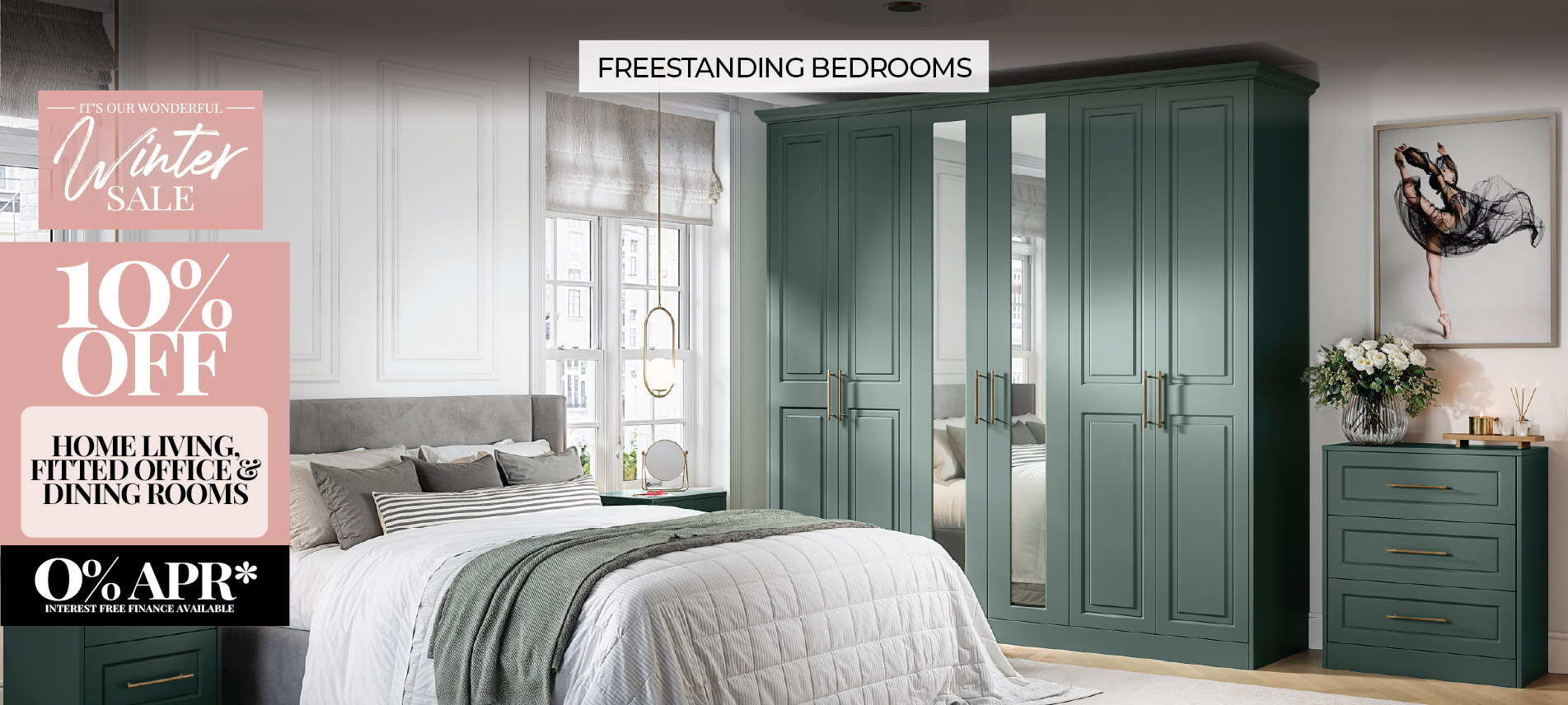 Modern freestanding bedroom with green wardrobes and sale offer