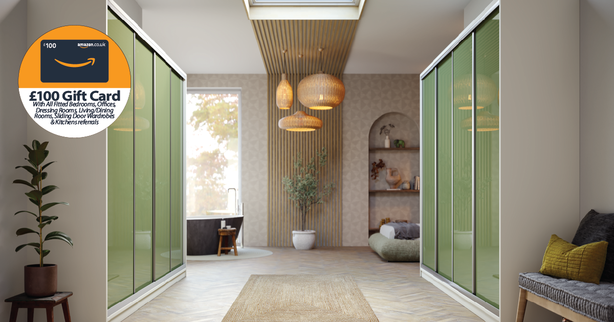 Modern bedroom with green sliding wardrobes and skylight