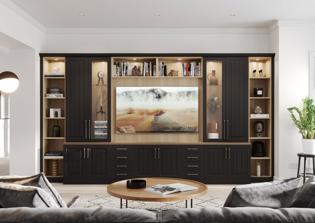 Modern living room with black built-in TV unit