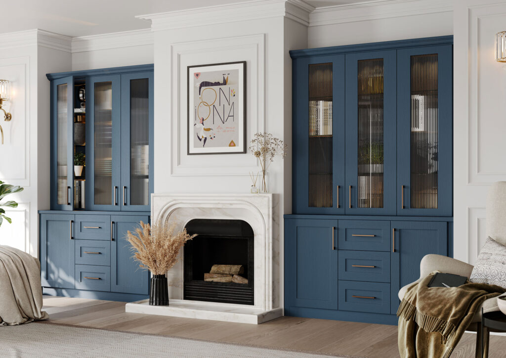 Modern living room with blue cabinets and fireplace