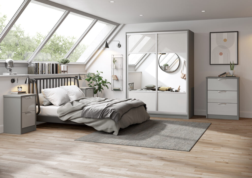 Modern grey bedroom with skylight windows and wardrobe