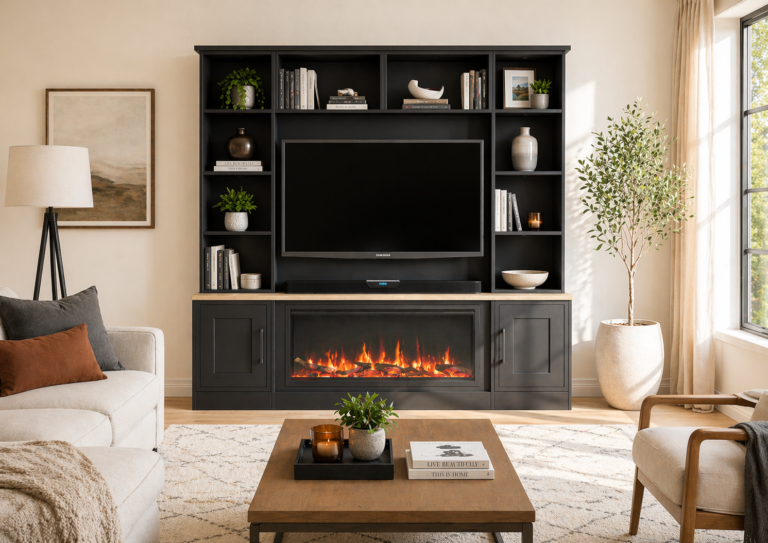 Modern living room with fireplace and built-in shelving