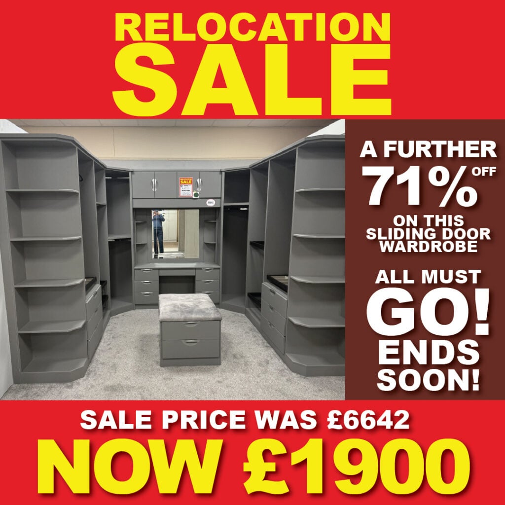 Grey sliding door wardrobe relocation sale offer