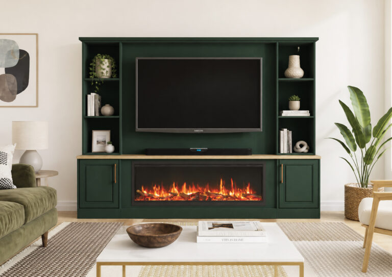 Green media wall with TV and fireplace