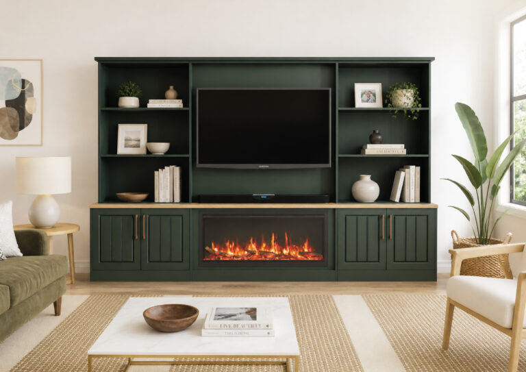 Green media wall with TV and fireplace