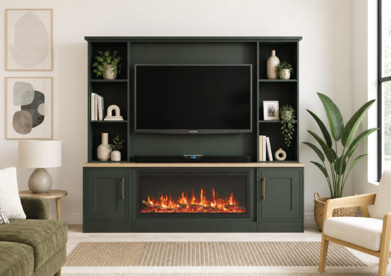 Modern green media wall with TV and fireplace