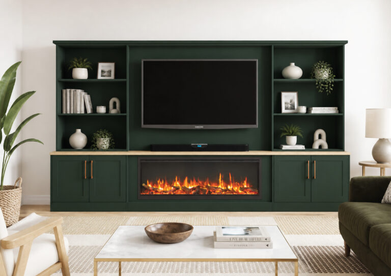 Green media wall with TV and fireplace