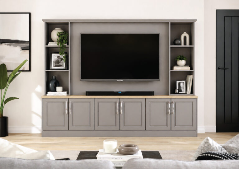 Modern grey media unit with wall-mounted television