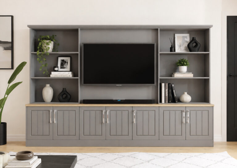 Modern grey media unit with mounted television