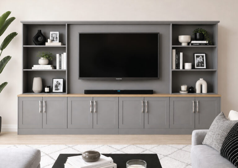 Modern grey media unit with wall-mounted television