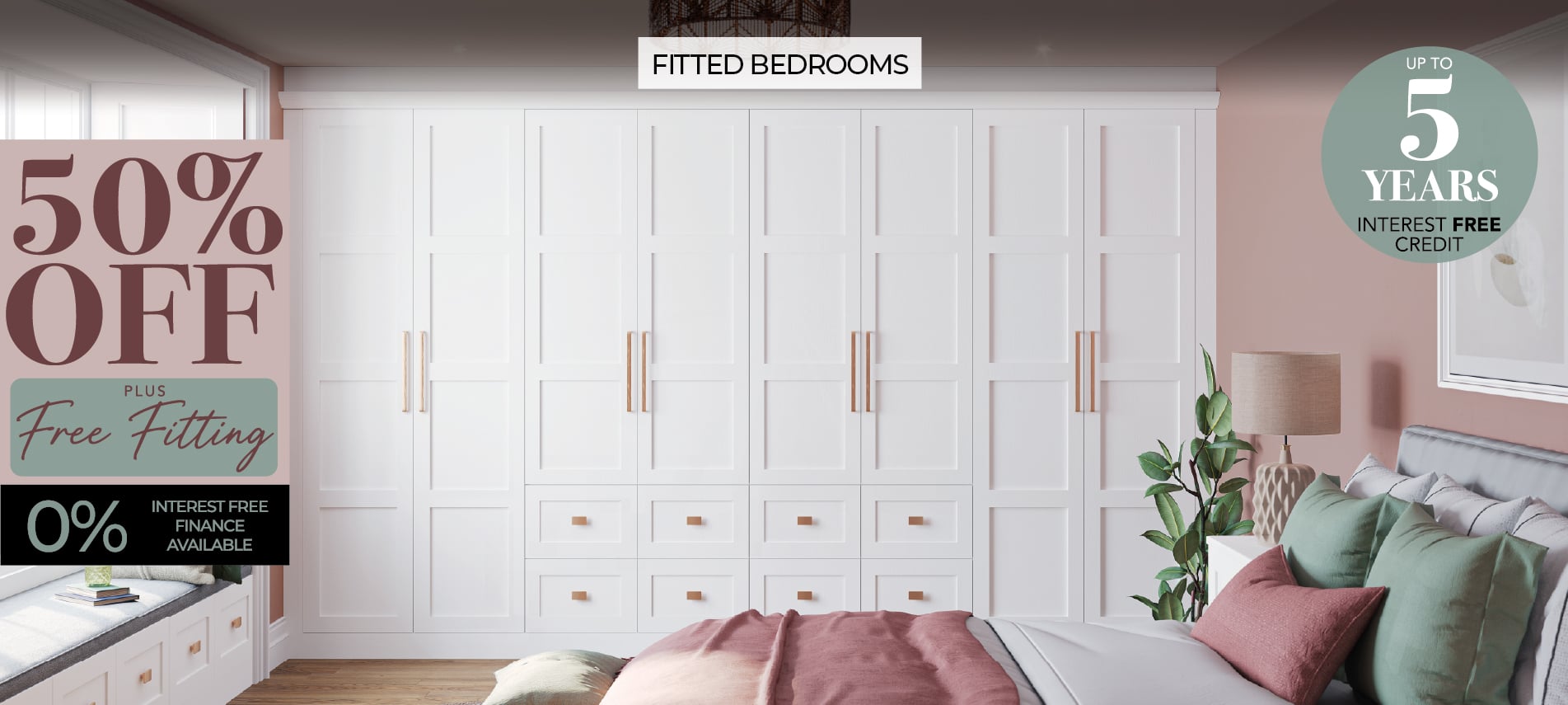 White fitted bedroom wardrobes with 50% off promotion
