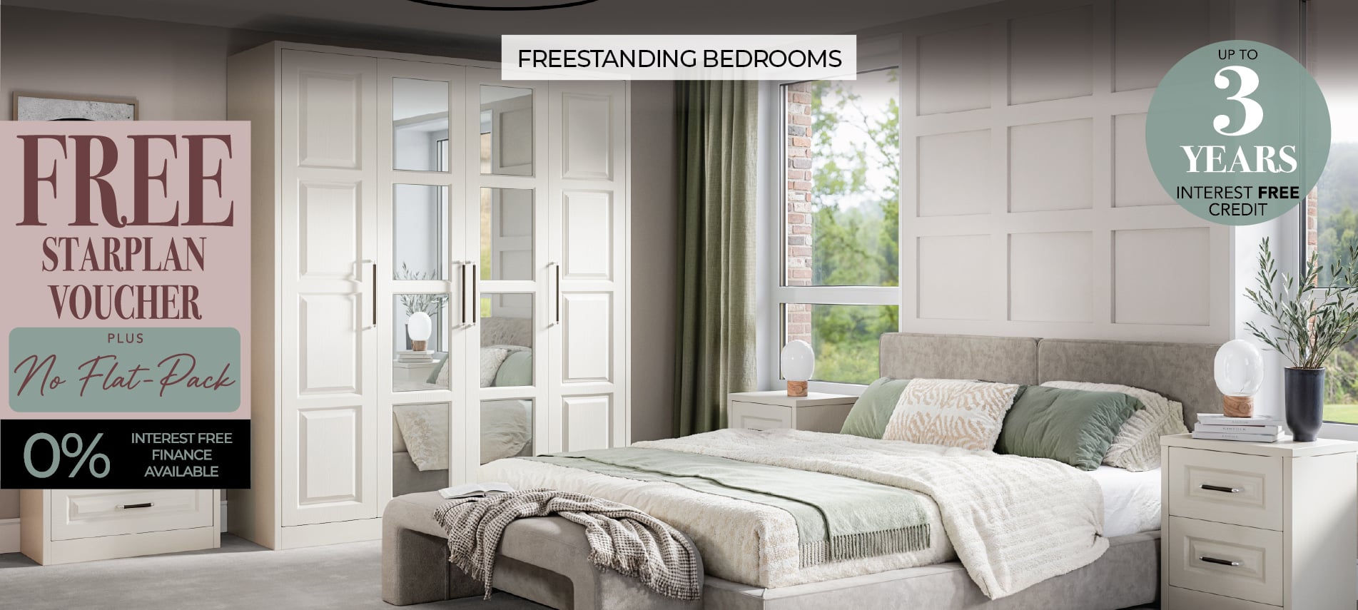 Modern freestanding bedroom with mirrored wardrobe and bed