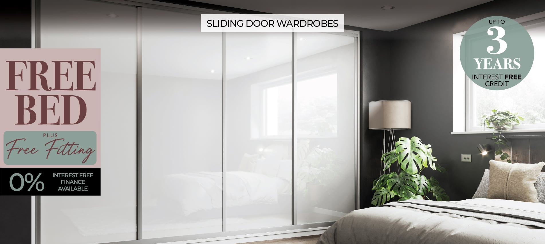Modern bedroom with mirrored sliding door wardrobe