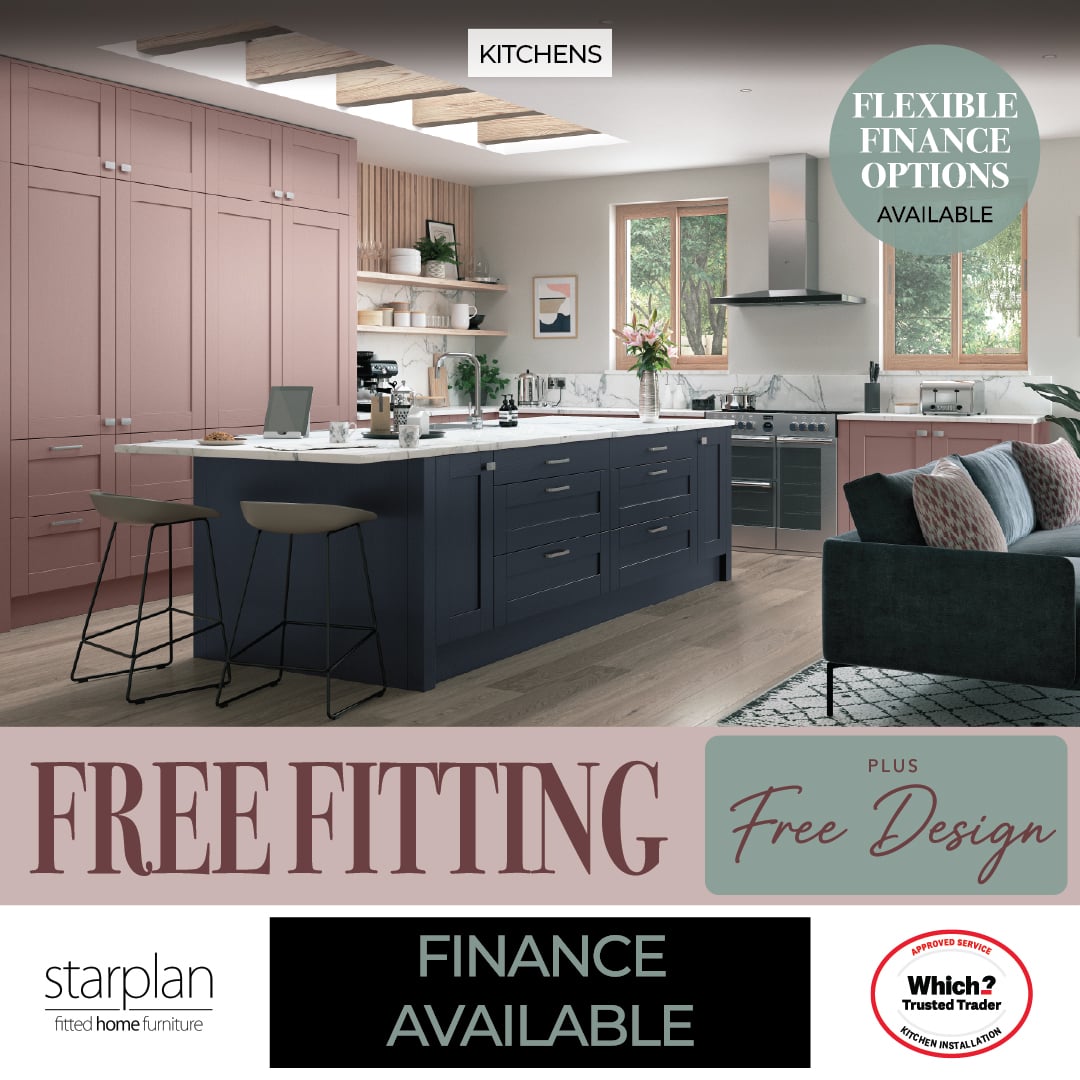 Modern pink and navy kitchen with island