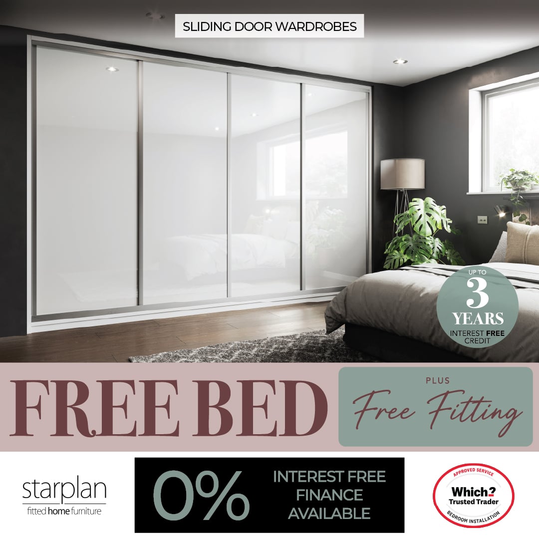 Modern bedroom with white sliding door wardrobes