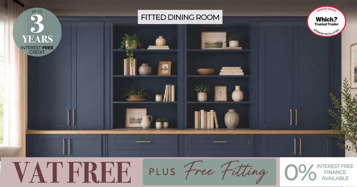 Navy fitted dining room with built-in shelving