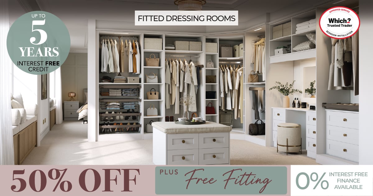 Luxury fitted dressing room with wardrobes and island
