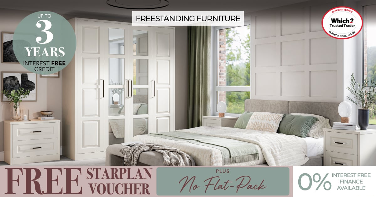 Modern cream bedroom furniture set with mirrored wardrobe