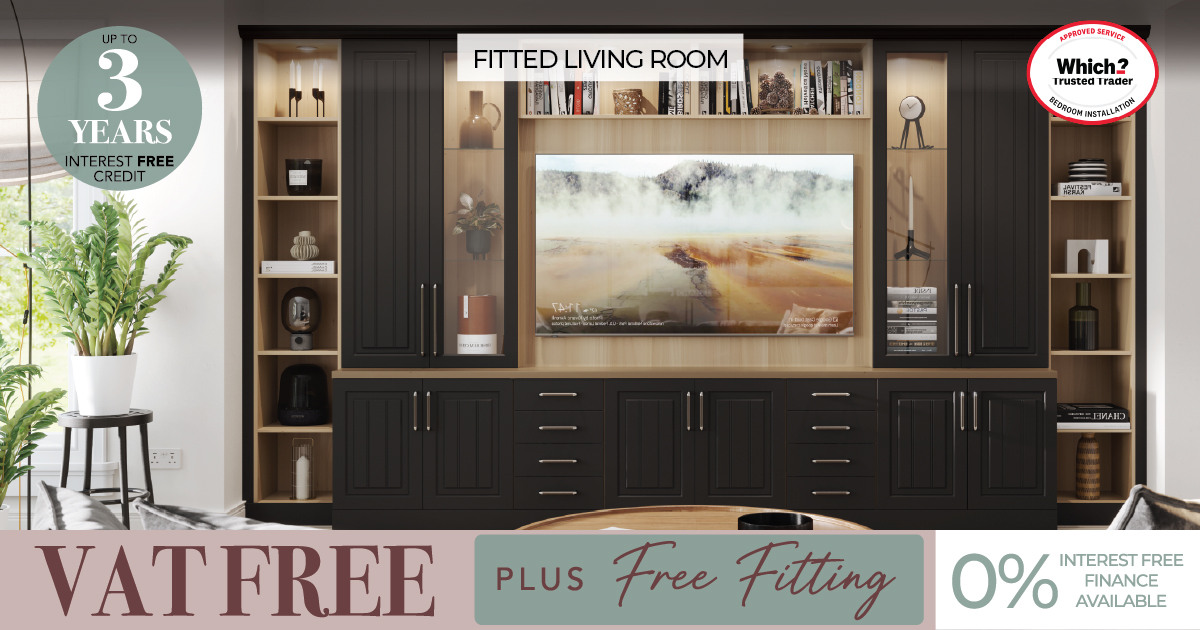 Fitted living room with dark built-in cabinets