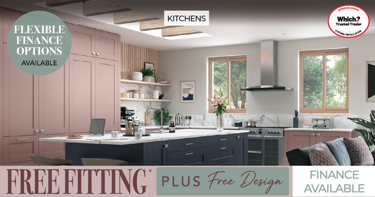Modern pink and navy kitchen with island