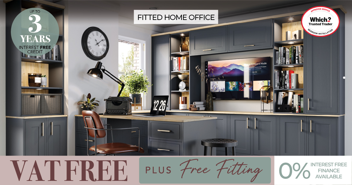 Fitted grey home office with desk and shelving