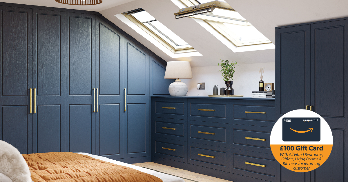 Navy fitted wardrobes beneath bright loft skylights