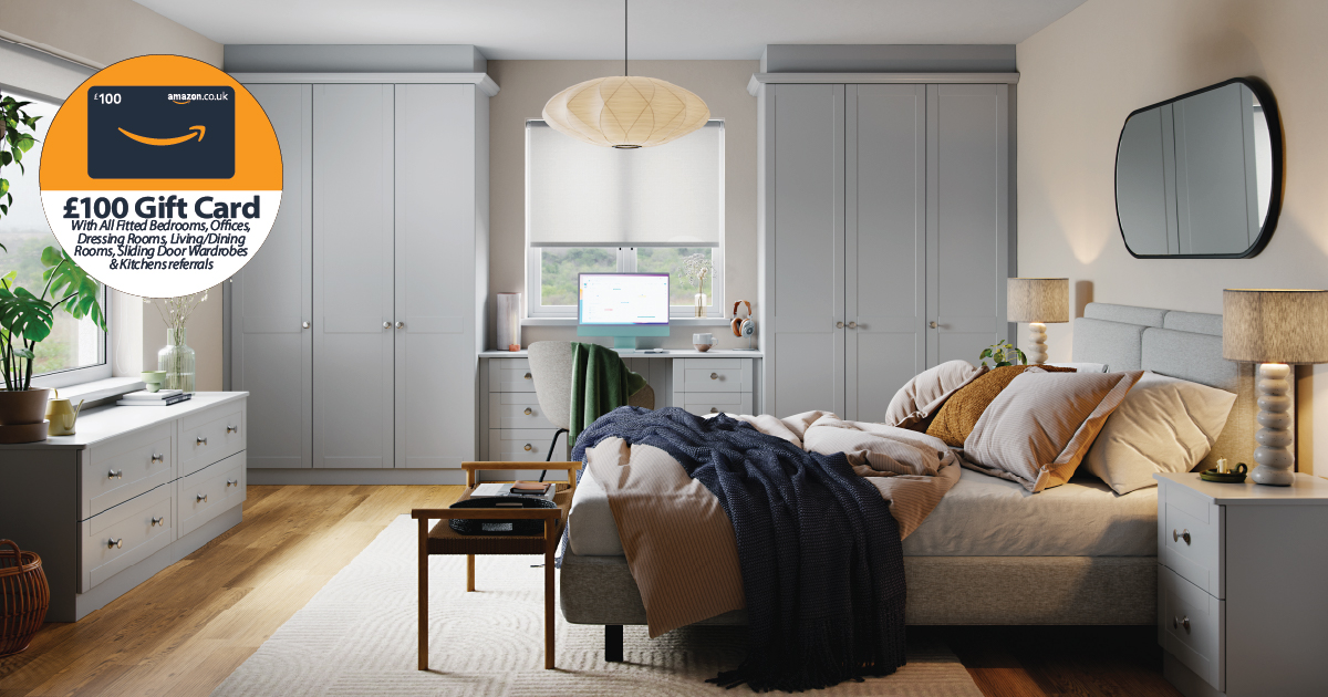 Modern bedroom with fitted wardrobes and workspace