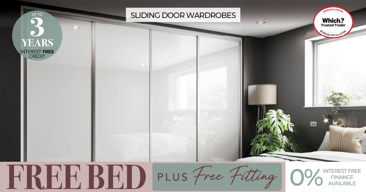 Modern bedroom with white sliding door wardrobes