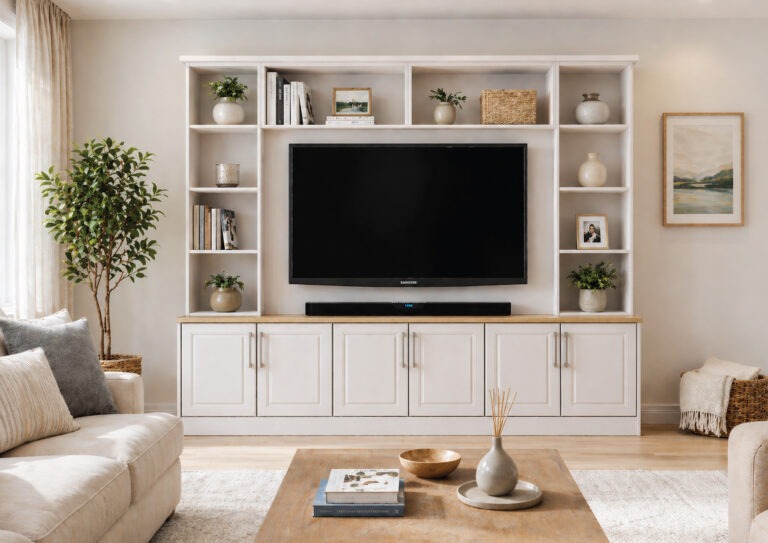 Modern living room with built-in TV shelving
