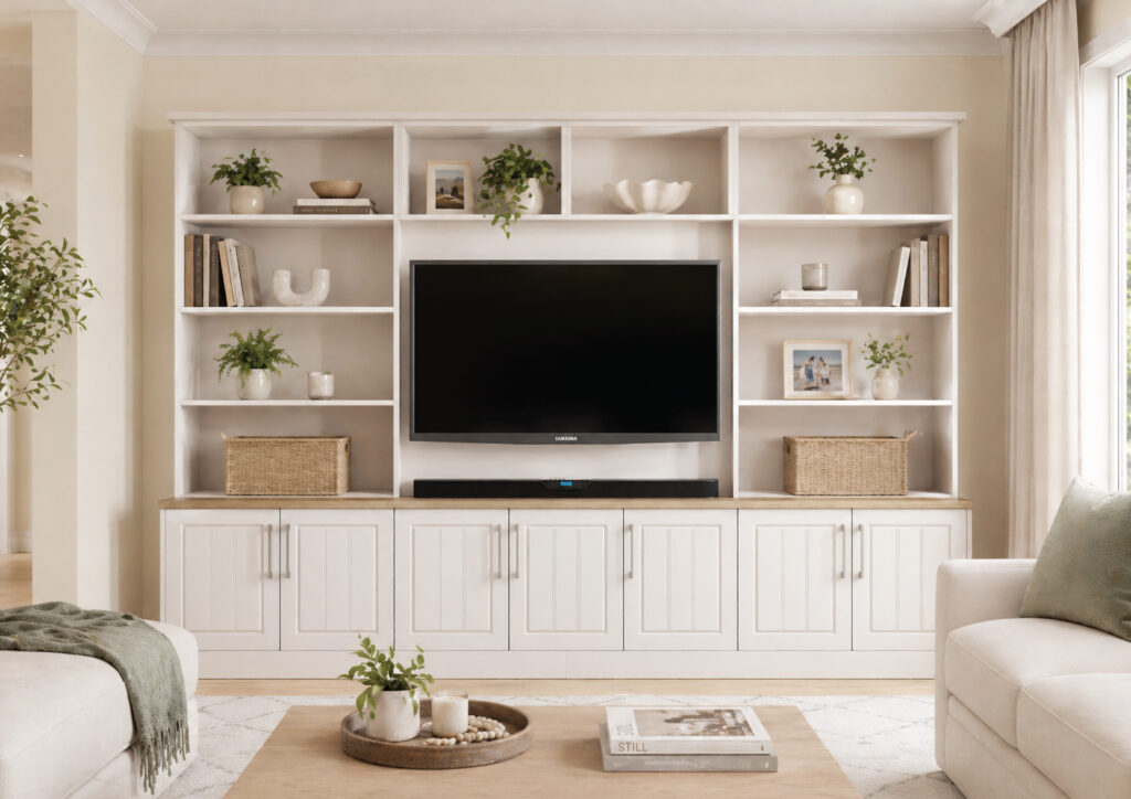 Modern living room with built-in shelving and TV