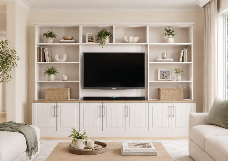 Modern living room with built-in shelving and TV