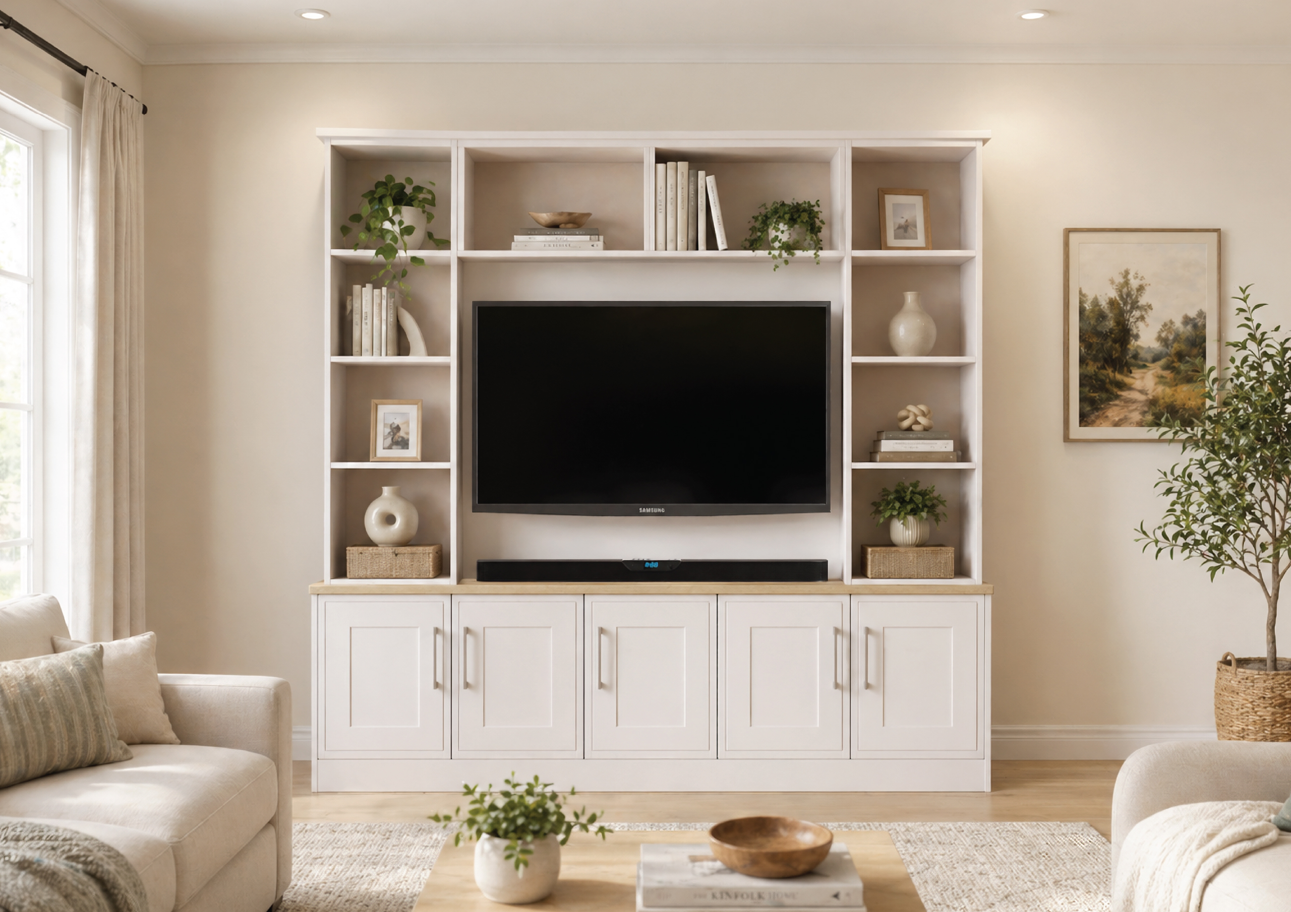 Neutral living room with built-in TV shelving